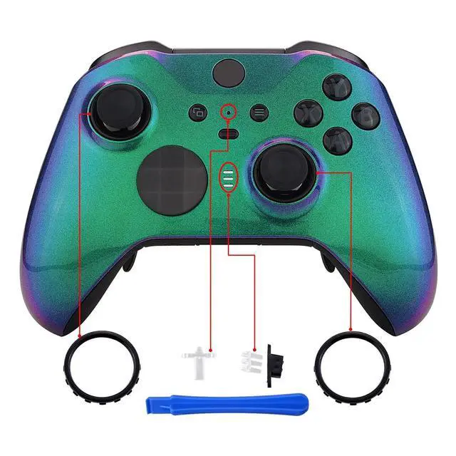 Alt view image 4 of 7 - Chameleon Green Purple Faceplate Cover, Front Housing Shell Case Replacement Kit for Xbox One Elite Series 2, Xbox Elite 2 Core Controller Model 1797 - Thumbstick Accent Rings Included @
