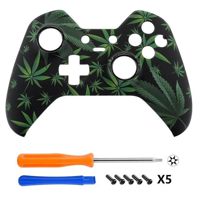 Alt view image 3 of 7 - Green Weeds Patterned Front Housing Shell Faceplate for Xbox One Elite Controller Model 1698 with Thumbstick Accent Rings - Controller NOT Included @
