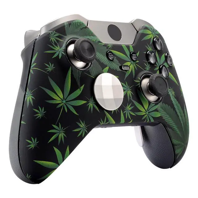 Alt view image 4 of 7 - Green Weeds Patterned Front Housing Shell Faceplate for Xbox One Elite Controller Model 1698 with Thumbstick Accent Rings - Controller NOT Included @