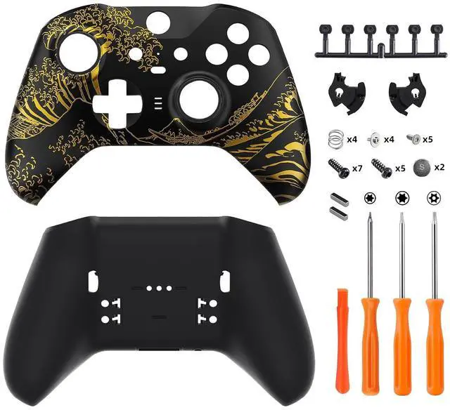 Main image of The Great Golden Wave Off Kanagawa Black Patterned Faceplate Shell + Black Back Bottom Shell for Xbox Elite Series 2, Elite Series 2 Core Controller @