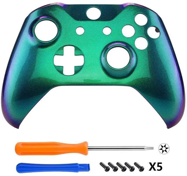Alt view image 3 of 7 - Green and Purple Chameleon Faceplate Cover, Front Housing Shell Case Replacement Kit for Xbox One X & One S Controller (Model 1708) - Controller NOT Included @