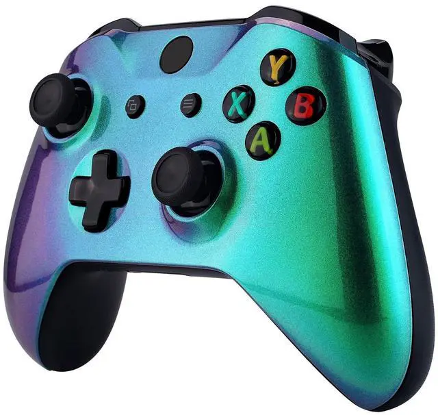 Alt view image 4 of 7 - Green and Purple Chameleon Faceplate Cover, Front Housing Shell Case Replacement Kit for Xbox One X & One S Controller (Model 1708) - Controller NOT Included @