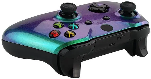 Alt view image 6 of 7 - Green and Purple Chameleon Faceplate Cover, Front Housing Shell Case Replacement Kit for Xbox One X & One S Controller (Model 1708) - Controller NOT Included @