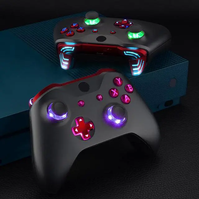 Alt view image 6 of 7 - Multi-Colors Luminated Dpad Thumbsticks Start Back ABXY Action Buttons, Scarlet Red Classical Symbols Buttons DTFS (DTF 2.0) LED Kit for Xbox One S & X Controller - Controller Without @