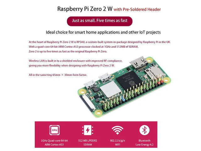 Alt view image 2 of 5 - RPi Zero 2 W with Pre-Soldered Color-Coded Header,