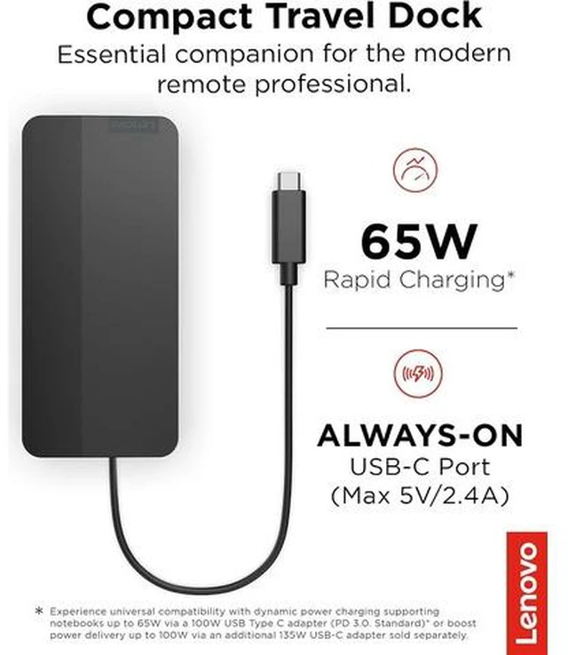 Alt view image 2 of 7 - USB-C Dual Display Travel Dock w/ 100W Power Adapter - 7 Ports, Integrated USB-C Cable, Universal Compatibility, Dual Displays at 4K - Black