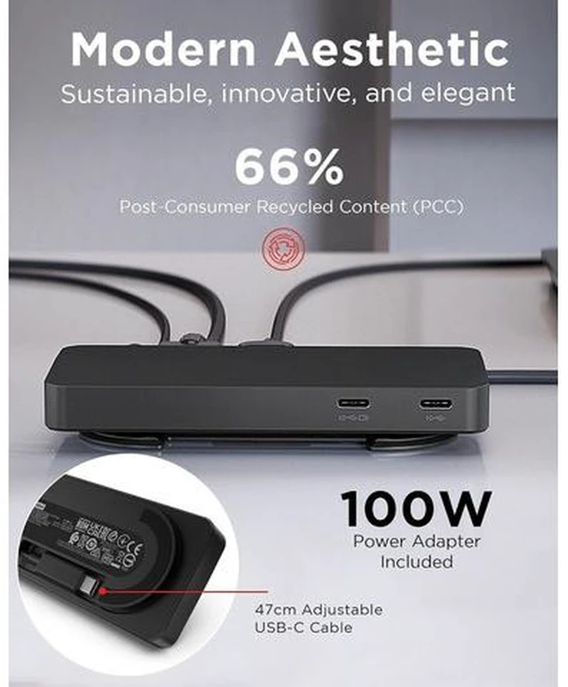 Alt view image 3 of 7 - USB-C Dual Display Travel Dock w/ 100W Power Adapter - 7 Ports, Integrated USB-C Cable, Universal Compatibility, Dual Displays at 4K - Black