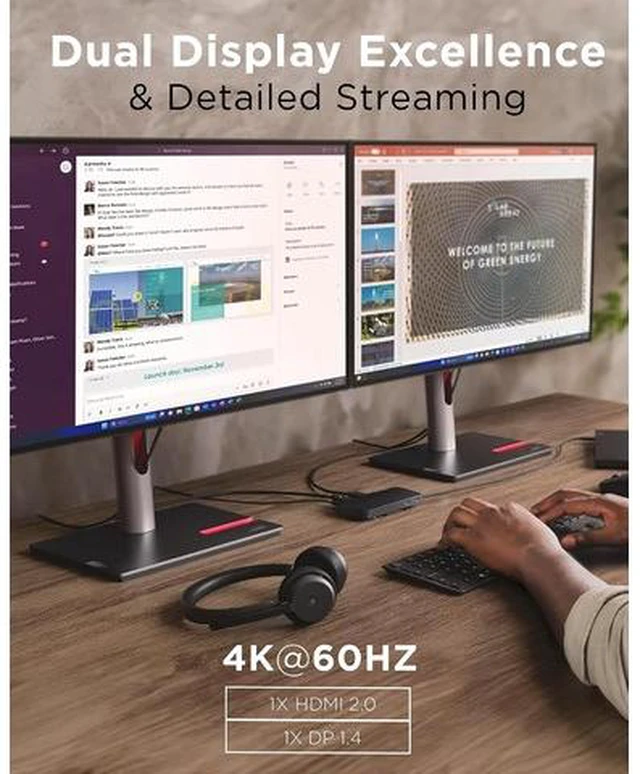 Alt view image 4 of 7 - USB-C Dual Display Travel Dock w/ 100W Power Adapter - 7 Ports, Integrated USB-C Cable, Universal Compatibility, Dual Displays at 4K - Black