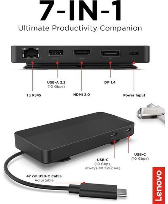 Alt view image 7 of 7 - USB-C Dual Display Travel Dock w/ 100W Power Adapter - 7 Ports, Integrated USB-C Cable, Universal Compatibility, Dual Displays at 4K - Black