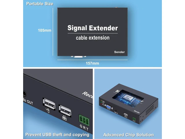 Alt view image 4 of 7 - VGA KVM Extender Over Single Cat5e/6/7 with USB2.0 for Keyboard and Mouse, Support All Systems, Audio I/O, RS232 (up to 394FT-2 Port USB-1080p@60hz-RS232-AUDIO)