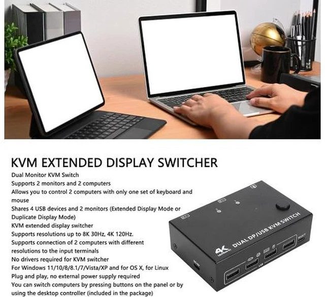 Alt view image 5 of 7 - Zunate DisplayPort KVM Switch Dual Monitor, 8K KVM Switch 2 Monitors 2 Computers DisplayPort, USB 2.0 Port 2 in 2 Out DisplayPort,1.4 Dual Monitor KVM Switch