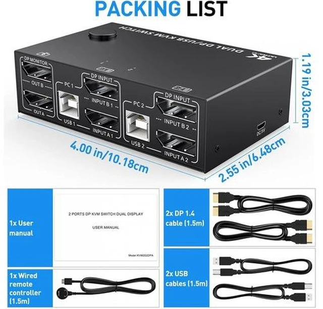 Alt view image 7 of 7 - Zunate DisplayPort KVM Switch Dual Monitor, 8K KVM Switch 2 Monitors 2 Computers DisplayPort, USB 2.0 Port 2 in 2 Out DisplayPort,1.4 Dual Monitor KVM Switch