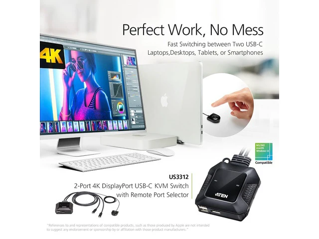 Alt view image 3 of 7 - US3312 2-Port 4K DisplayPort USB-C Cable KVM Switch with Remote Port Selector