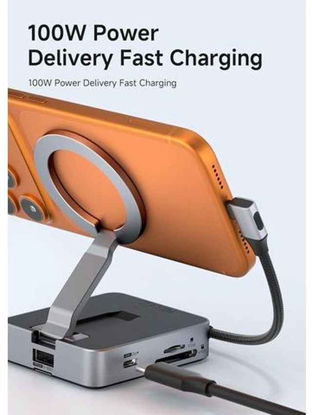 Alt view image 6 of 7 - Magnetic USB C Hub with M.2 NVMe 2230 SSD Enclosure and Magsafe Stand Holder for iPhone 17 16 15 Pro Max, Portable Type-C Docking Station 100W PD, 10Gbps USB3.2, SD/Micro SD3.0 (CMC10MC)