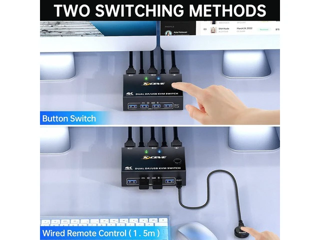 Alt view image 7 of 7 - 8K USB 3.0 Displayport KVM Switch 2 Monitors 2 Computers 8K@30Hz 4K@144Hz,MLEEDA Dual Monitor Displayport 1.4 KVM Switches with 4 USB 3.0 Port for USB Device,Wired Remote and USB Cables Included