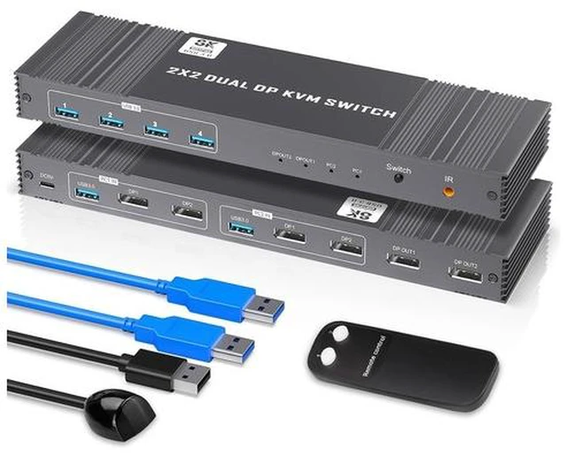 Main image of 8K KVM Switch 2 Monitors 2 Computers Displayport, DP+DP 4K@120Hz USB3.0 Dual Monitor KVM Switches for 2 PC Sharing 2 Monitor of 1 Set Keyboard Mouse and USB Device, with IR Controller
