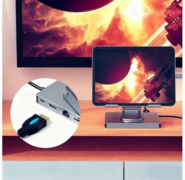 Alt view image 4 of 7 - 100W PD Charging USB C Laptop Docking Station, 7 in 1 Tablet Holder Hub, 4K 30Hz, 360 Swivel, Aluminum Alloy, for Laptop, Home Office
