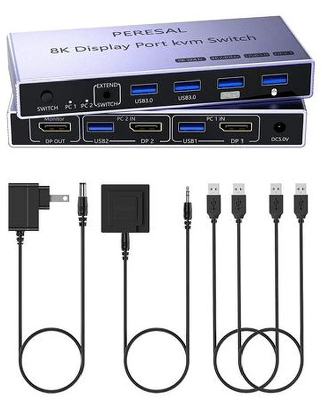 Main image of 8K Displayport 2.1 KVM Switch 2 in 1 Out DP1.4 with 4 USB 3.0 Ports Support 8K@60Hz 4K@240Hz, 2 Computers Share 1 Monitor Keyboard Mouse U-Disk Printer