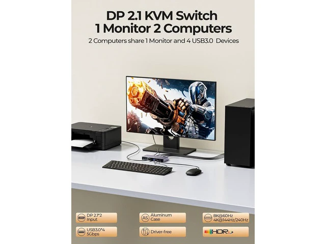 Alt view image 2 of 7 - 8K Displayport 2.1 KVM Switch 2 in 1 Out DP1.4 with 4 USB 3.0 Ports Support 8K@60Hz 4K@240Hz, 2 Computers Share 1 Monitor Keyboard Mouse U-Disk Printer