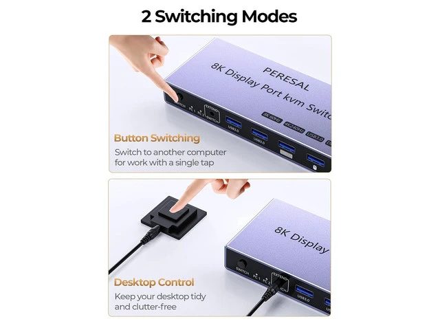 Alt view image 7 of 7 - 8K Displayport 2.1 KVM Switch 2 in 1 Out DP1.4 with 4 USB 3.0 Ports Support 8K@60Hz 4K@240Hz, 2 Computers Share 1 Monitor Keyboard Mouse U-Disk Printer