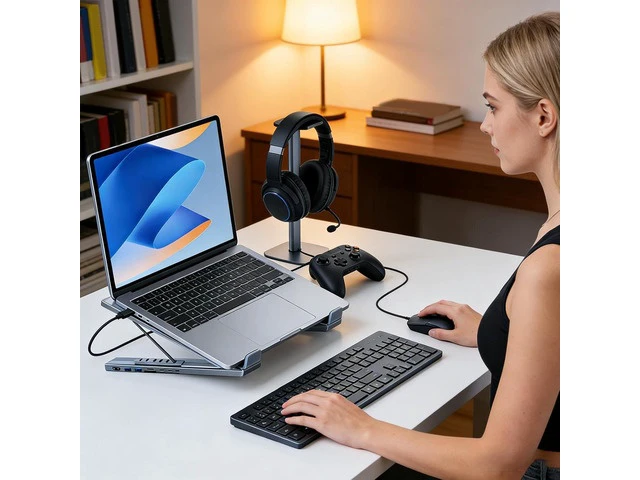 Alt view image 2 of 7 - Genérico Laptop Stand with Docking Station | 8 in 1 Hub with Portable Stand | Data Transfer to 5Gbps, Foldable Riser with USB Ports - for Desk,