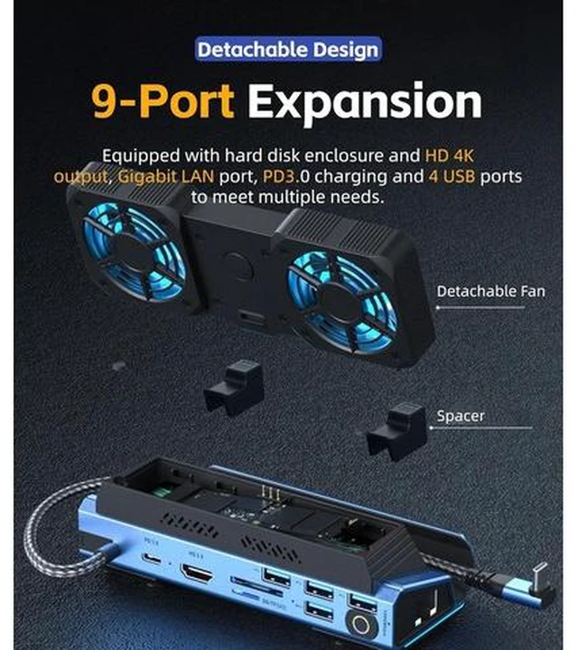 Alt view image 4 of 7 - 10 in 1 Docking Station for Legion Go Claw, Detachable Dual Cooling Fan, 4K 60Hz, Gigabit Ethernet, 4 USB 3.0, PD100W M.2 NVMe Slot, USB C Hub