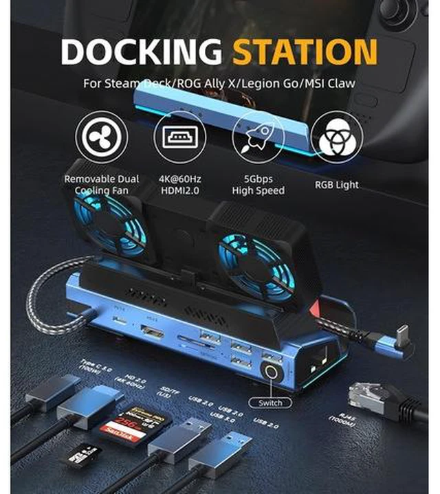 Alt view image 2 of 7 - 10 in 1 Docking Station for Legion Go Claw, Detachable Dual Cooling Fan, 4K 60Hz, Gigabit Ethernet, 4 USB 3.0, PD100W M.2 NVMe Slot, USB C Hub