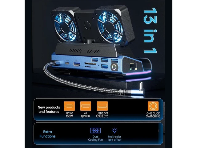 Alt view image 3 of 7 - LICAEVEY 9 in 1 RGB Docking Station for, Dual Cooling Fan, 100W PD, USB A Adapter, 4K@60Hz, Multifunctional Hub with RGB Light Effect, USB C Output