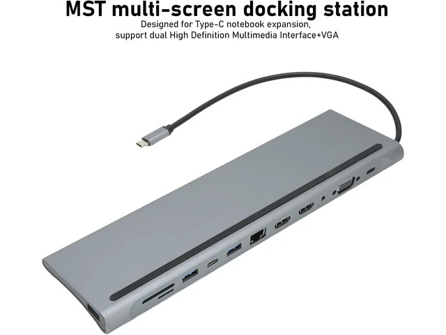 Alt view image 2 of 7 - 12 in 1 USB C Hub, Full Featured Laptop Docking Station, Multiport Adapter with Ethernet, 4K, PD Charging, Audio for MacBook, XPS, Phones Tablets