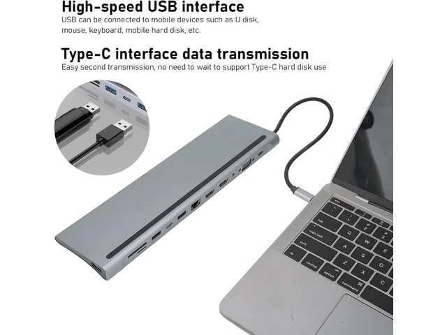 Alt view image 7 of 7 - 12 in 1 USB C Hub, Full Featured Laptop Docking Station, Multiport Adapter with Ethernet, 4K, PD Charging, Audio for MacBook, XPS, Phones Tablets