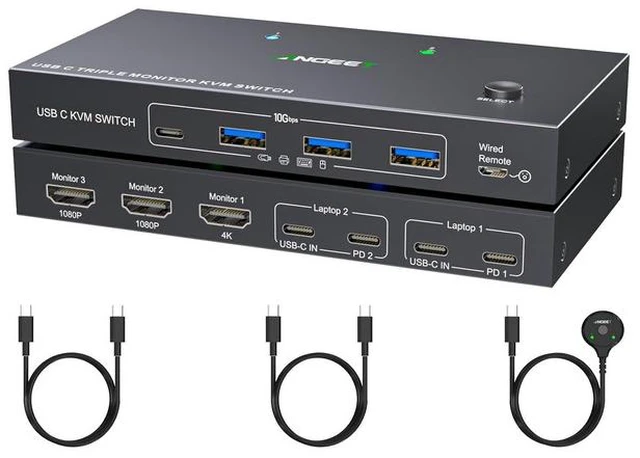 Main image of USB C KVM Switch 3 Monitors 2 Computers 4K/1080P@60Hz,USB-C Triple Monitor KVM Switches with 4 USB3.2 Ports Keyboard Mouse,10Gbps,80W PD Charging,For Windows and Mac OS,Driver Installation is Required