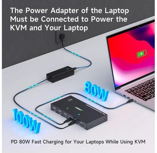 Alt view image 7 of 7 - USB C KVM Switch 3 Monitors 2 Computers 4K/1080P@60Hz,USB-C Triple Monitor KVM Switches with 4 USB3.2 Ports Keyboard Mouse,10Gbps,80W PD Charging,For Windows and Mac OS,Driver Installation is Required