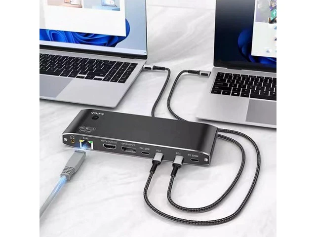 Alt view image 3 of 7 - Type C KVM Switcher, 2 Laptops KVM Docking Station Share 1 Screen Docking Station 100W RJ45 Port Extended Display for Home Office & Gaming