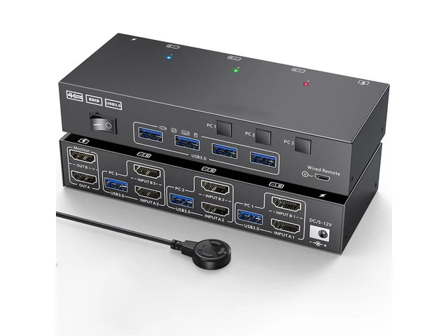 Alt view image 7 of 7 - 4K Dual Monitor KVM Switch, 2 Monitors 3 Computers 4K 144Hz USB 2.0 Extended Display KVM Switcher with 4 USB Ports and Multiple Cables (US Plug)