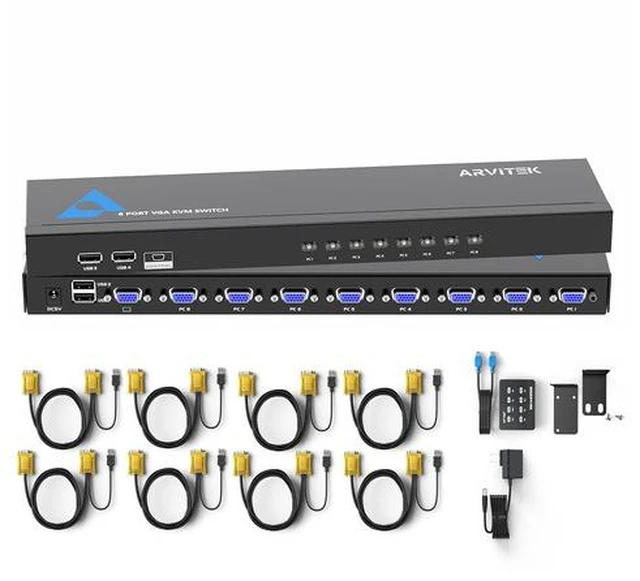 Main image of 8 Port VGA KVM Switch 1U Rack Mount, Control 8 Computers with One Monitor Keyboard and Mouse, VGA USB KVM Switch with 4 USB 2.0 Ports, Desktop Controller, Includes 8 KVM Cables & Rack Ears