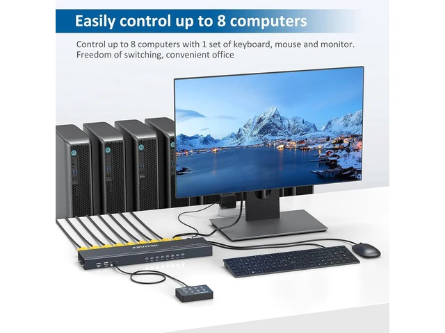 Alt view image 3 of 7 - 8 Port VGA KVM Switch 1U Rack Mount, Control 8 Computers with One Monitor Keyboard and Mouse, VGA USB KVM Switch with 4 USB 2.0 Ports, Desktop Controller, Includes 8 KVM Cables & Rack Ears