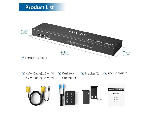 Alt view image 7 of 7 - 8 Port VGA KVM Switch 1U Rack Mount, Control 8 Computers with One Monitor Keyboard and Mouse, VGA USB KVM Switch with 4 USB 2.0 Ports, Desktop Controller, Includes 8 KVM Cables & Rack Ears