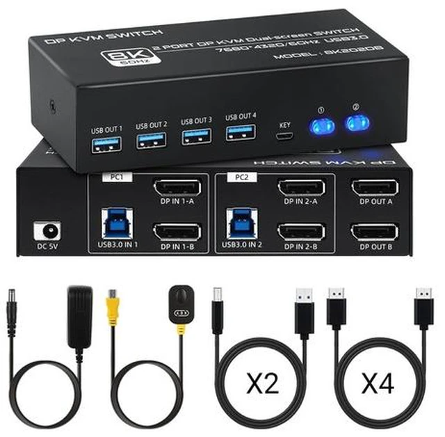 Main image of 8K@60Hz KVM Switch 2 Monitors 2 Computers 4K@120Hz USB 3.0 Dual Monitor KVM for 2 PC Share 2 Monitor and 1 Set of Keyboard Mouse Printer (Dual Monitor DP DP)