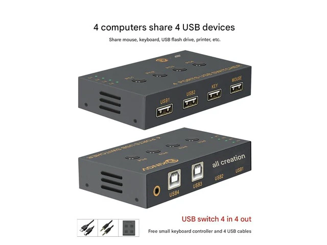 Alt view image 3 of 7 - 4 Port Splitte -KVM Switch ControllerUSB Keyboard Mouse Synchronizer, Plug and Play DistributorSplitter for Various Operating System