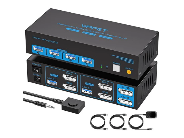 Main image of 4K@144Hz KVM Switch 2 Monitors 2 Computers Display Port 8K@60Hz USB 3.0 KVM Switch Dual Monitor for 2 Computers Share 2 Monitors and 4 USB Devices Support Extended/Copy Mode with Desktop Controller