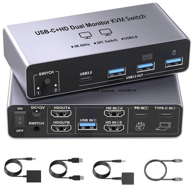 Main image of USB-C+HDM KVM Switch 2 Monitors 2 Computers - 8K@60Hz 4K@60Hz USB C KVM Switch Dual Monitor for Laptop & Desktop to Share 2 Monitor and 4 USB3.0 Devices, 100W PD Charging, with Type C Cable/Controller