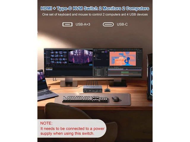 Alt view image 5 of 7 - USB-C+HDM KVM Switch 2 Monitors 2 Computers - 8K@60Hz 4K@60Hz USB C KVM Switch Dual Monitor for Laptop & Desktop to Share 2 Monitor and 4 USB3.0 Devices, 100W PD Charging, with Type C Cable/Controller