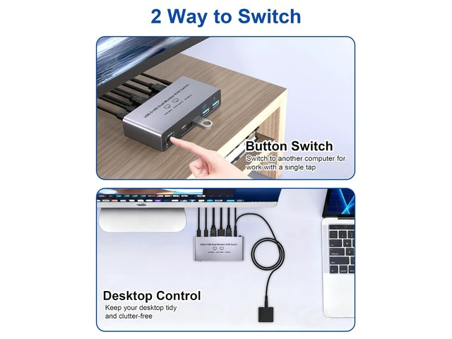 Alt view image 7 of 7 - USB-C+HDM KVM Switch 2 Monitors 2 Computers - 8K@60Hz 4K@60Hz USB C KVM Switch Dual Monitor for Laptop & Desktop to Share 2 Monitor and 4 USB3.0 Devices, 100W PD Charging, with Type C Cable/Controller