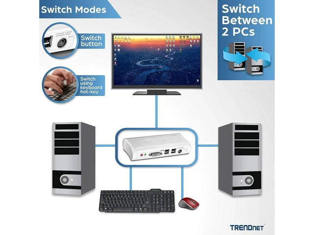 Alt view image 6 of 7 - 2-Port DVI USB KVM Switch & Cable Kit with Audio, Manage Two PCs, 2 x USB Keyboard & Mouse Ports, 2 x Bonus USB 2.0 Ports, 2 Way Audio Support, TK-204UK