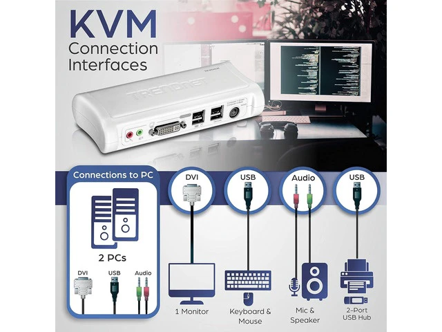 Alt view image 7 of 7 - 2-Port DVI USB KVM Switch & Cable Kit with Audio, Manage Two PCs, 2 x USB Keyboard & Mouse Ports, 2 x Bonus USB 2.0 Ports, 2 Way Audio Support, TK-204UK