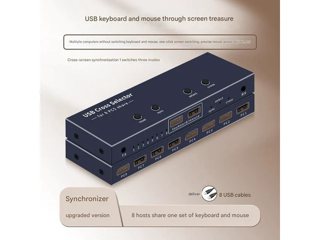Alt view image 2 of 6 - 2/4/8 Ports USB Synchronizer - Keyboard Mouse Shared Display Synchronization Controller, KVM Metal Switcher Black, for Game Tudios, Security/Stock Market Surveillance, Offices(8 Ports)