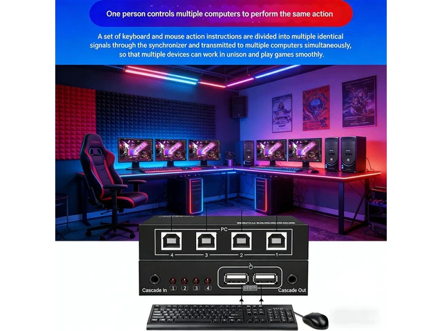 Alt view image 4 of 7 - 4-Port USB Synchronizer KVM Switch, Keyboard Mouse & Game Controller Sharing Hub Multi-Device One-Click Control for DNF Gaming Streaming & Office Workstation Setup