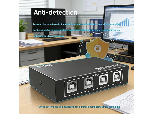 Alt view image 5 of 7 - 4-Port USB Synchronizer KVM Switch, Keyboard Mouse & Game Controller Sharing Hub Multi-Device One-Click Control for DNF Gaming Streaming & Office Workstation Setup