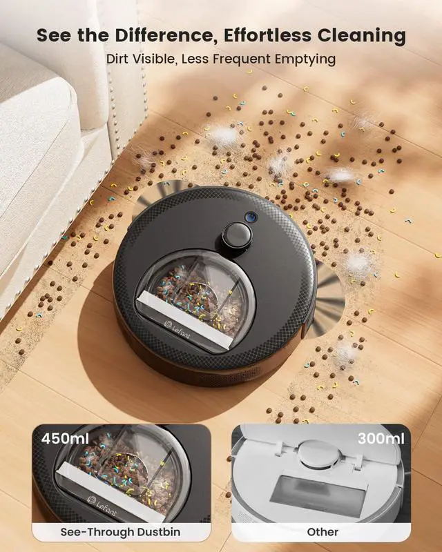 Alt view image 5 of 7 - LiDAR Robot Vacuum and Mop, Smart Mapping and Obstacle Avoidance, Tangle-Free Pet Hair, 2.4G/5G WiFi App Control, Slim Design for Wider Coverage, Carpet Detection, M330 Pro