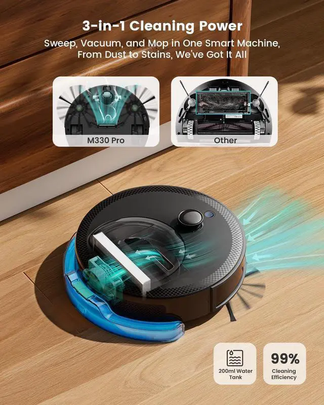 Alt view image 2 of 7 - LiDAR Robot Vacuum and Mop, Smart Mapping and Obstacle Avoidance, Tangle-Free Pet Hair, 2.4G/5G WiFi App Control, Slim Design for Wider Coverage, Carpet Detection, M330 Pro